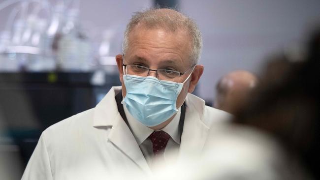 Prime Minister Scott Morrison tours the AstraZeneca laboratories in Sydney today. Picture: Bianca De Marchi