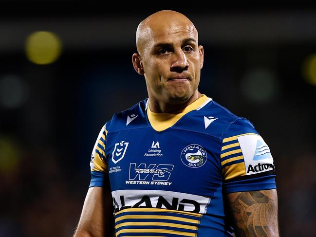 MACKAY, AUSTRALIA - SEPTEMBER 18: Blake Ferguson of the Eels watches on during the warm-up before the NRL Semifinal match between the Penrith Panthers and the Parramatta Eels at BB Print Stadium on September 18, 2021 in Mackay, Australia. (Photo by Matt Roberts/Getty Images)