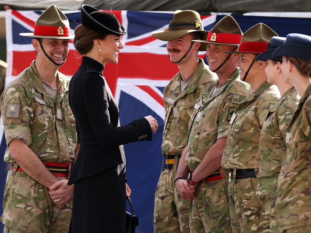 Catherine, Princess of Wales meets with New Zealand military personnel during a visit to Army Training Centre Pirbright. Picture: Getty Images.