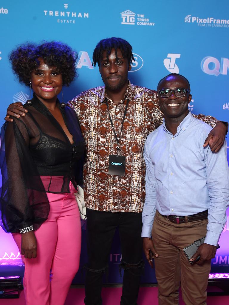 Akwesi (iiiconic), Steve and Georgina Afoakwah on the 2022 Queensland Music Awards red carpet at The Fortitude Music Hall in Brisbane. Picture: Steve Pohlner