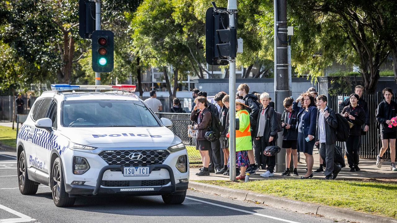 Police patrolled Glen Eira College after a Year 9 student was abducted and left with life-threatening injuries. Picture: Jake Nowakowski