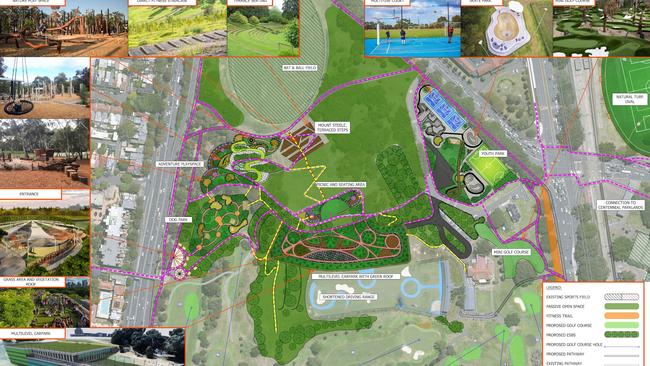 The consortium’s alternative plan features 3km of running, walking and cycling paths, playgrounds, a footy field, skate park, BMX track, fitness trail and dog park. Picture: Supplied