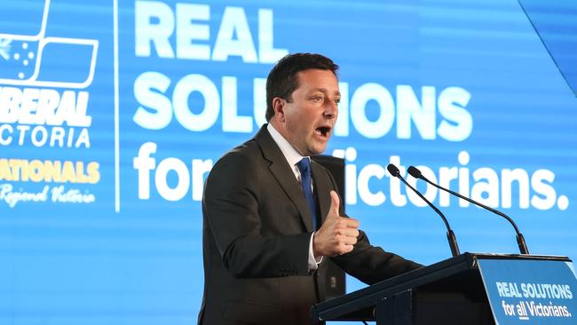 Liberal Leader Matthew Guy addresses the rally. Picture Ian Currie