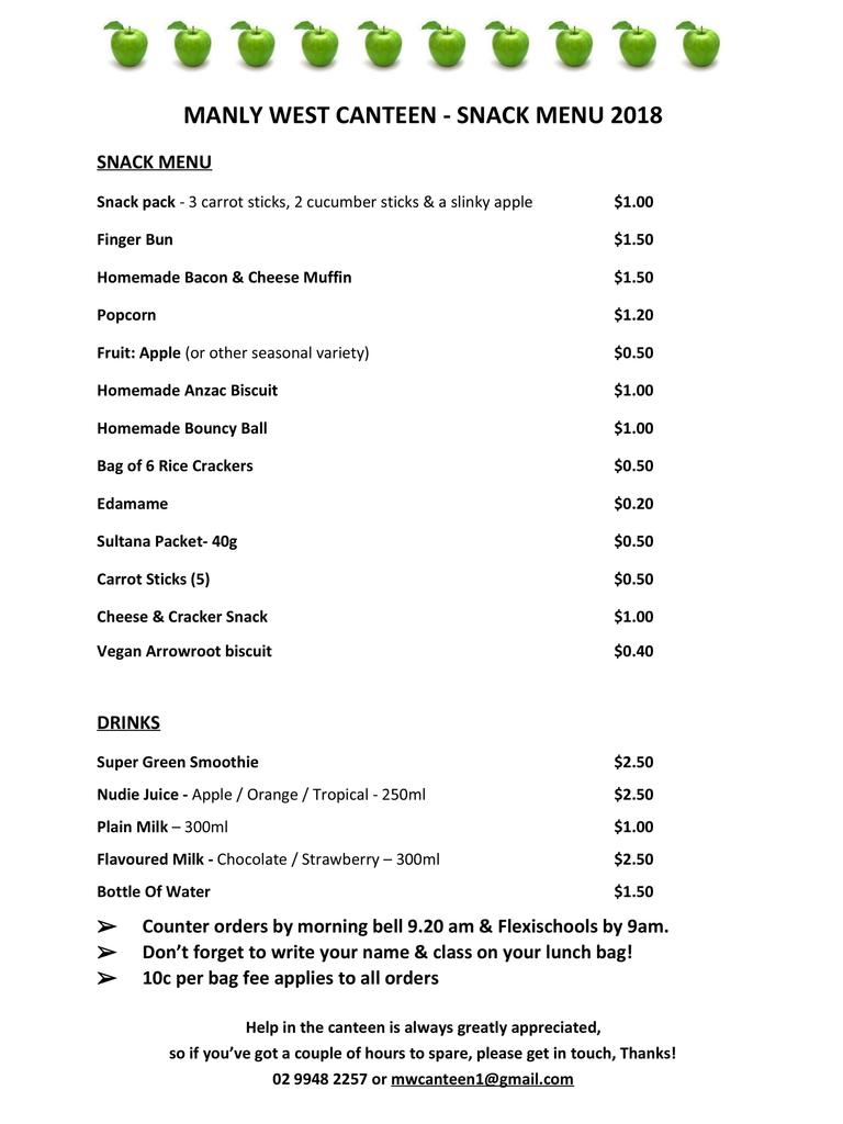 Manly West Public School snack menu