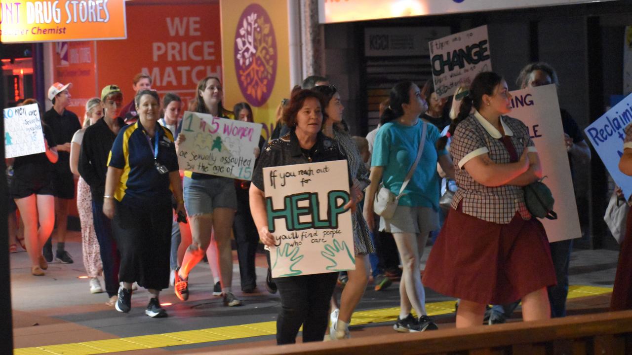 People marched throughout Kingaroy CBD streets in protest against sexual assault.