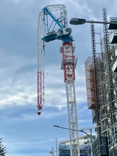 The buckled crane at Burleigh Heads on the Gold Coast. Picture: Energex