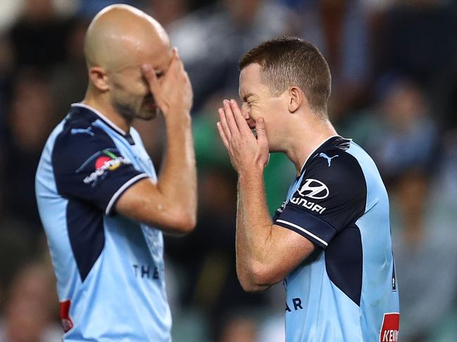 Sydney FC’s Adrian Mierzejewski (left) and Brandon O'Neill after the semi-final loss. Picture: Getty Images