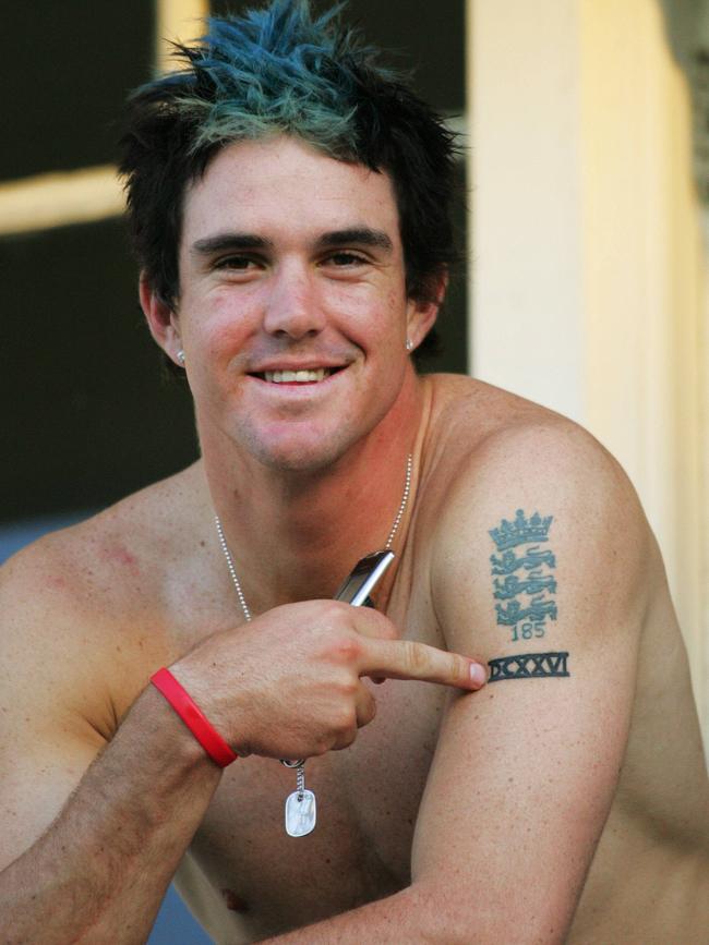 Kevin Pietersen shows off his England ‘three lions’ tattoo one-day number 185 and his Test number in Roman numerals at the end of the fourth test against Australia on the 2005 Ashes Tour.