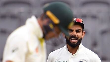 Kohli snears at Paine late on day three. Picture: Fox Sports