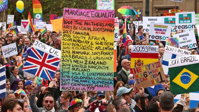 Thousands of people marched for marriage equality in Melbourne CBD last month. Picture: Scott Barbour/Getty Images