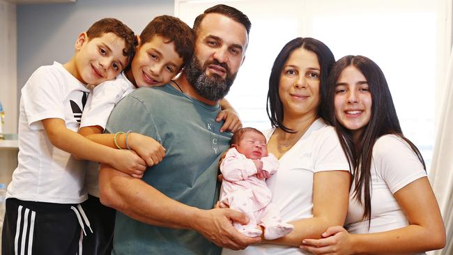 The Abdallah family — Michael, Alex, Danny, Leila holding newborn Selina, and Liana — are overjoyed at their new addition. Picture: Sam Ruttyn