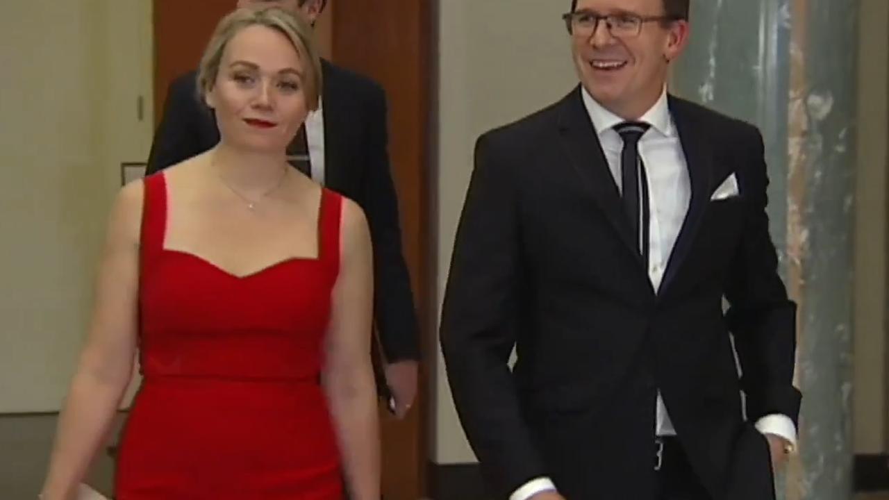 Federal member of parliament Alan Tudge arrives at the 2017 Mid-Winter Ball in the company of Liberal staffer Rachelle Miller who he was having an affair with.