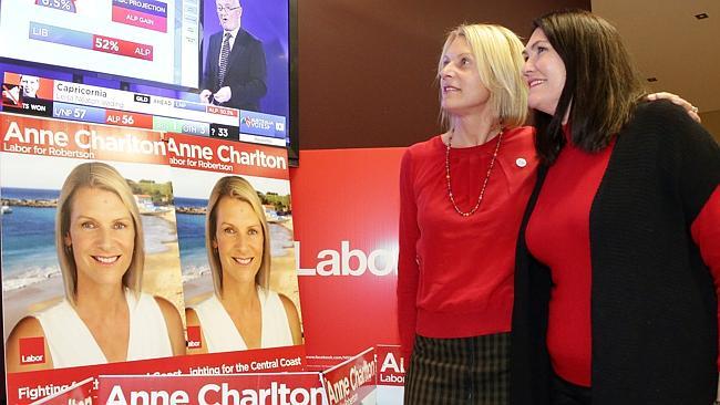 Labor candidate for Robertson Anne Charlton and Senator-elect Deb O'Neill watch the results come in at the Labor’s election party at Ocean Beach Surf Club. Picture: Mark Scott