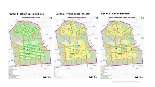 Three options have been proposed; a blanket 30km/h limit for all city streets (seen in green), 40km/h for all the roads (in yellow) or a mixture of both. Picture: Adelaide City Council.