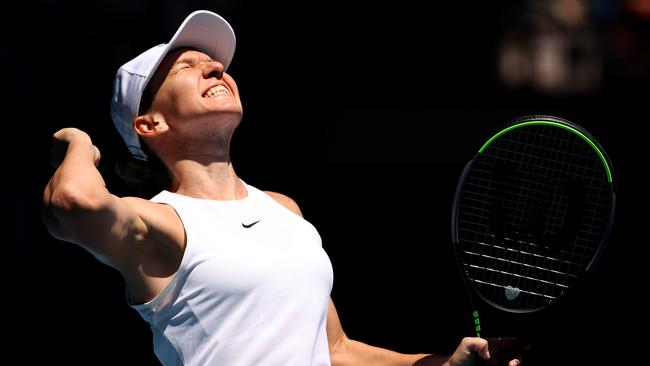 Simona Halep of Romania celebrates winning match point after her demolition of Annett Kontaveit. Picture: Clive Brunskill/Getty