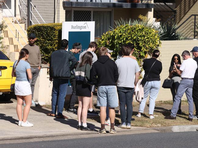 Lineup of people wanting to view a rental property at 290 Given Terrace, Paddington. Picture: Liam Kidston