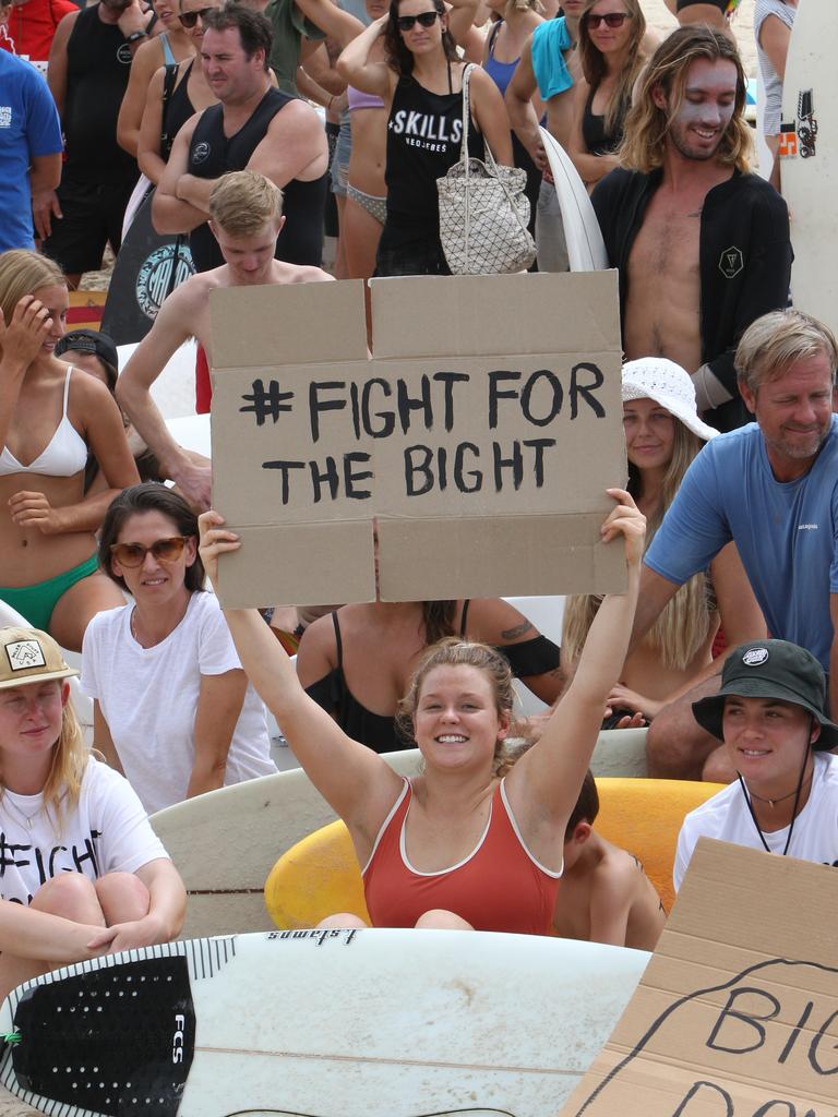 Protest at Burleigh against an oil company drilling in the Great Australian Bight. Tayla Hanak of South Australia. (holding sign) Pic Mike Batterham.