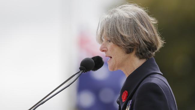 Tasmanian Governor, Kate Warner speaks at the Remembrance Day ceremony on the Cenotaph in Hobart. Picture: MATT THOMPSON.