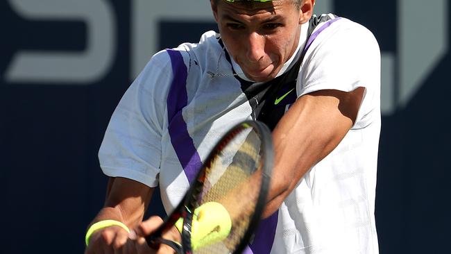 NEW YORK, NEW YORK - AUGUST 29: Alexei Popyrin of Australia  returns a shot during his Men's Singles second round match against Mikhail Kukushkin of Kazakhstan on day four of the 2019 US Open at the USTA Billie Jean King National Tennis Center on August 29, 2019 in Queens borough of New York City. (Photo by Al Bello/Getty Images)