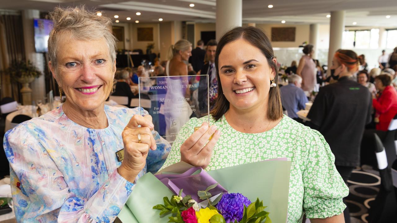 Allana O'Leary representing Are You Bogged Mate? (right) accepts the Woman of the Year award on behalf of Mary O'Brien from Zonta Club of Toowoomba Area president Barb Grey at the International Women's Day luncheon at Picnic Point, Friday, March 4, 2022. Picture: Kevin Farmer