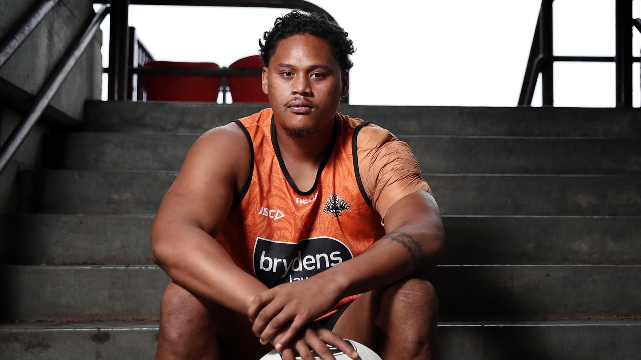 Luciano Leilua pictured at a Wests Tigers media morning at Concord Oval ahead of the start of the 2020 NRL season. Picture: Richard Dobson
