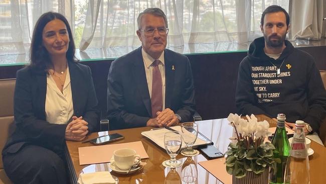 Australian Attorney-General Mark Dreyfus with Ella and Daniel in Tel Aviv. Both had family members taken as hostages by Hamas terrorists on 7 October 2023. Picture: X