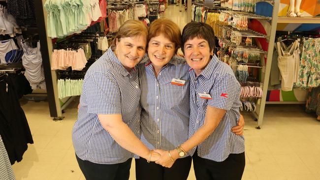 Long-term Kmart Blacktown staff members Emilia Pacchiarotta and sisters Mary Ann and Christine Zammit have worked at the store for more than four decades. Picture: Robert Pozo