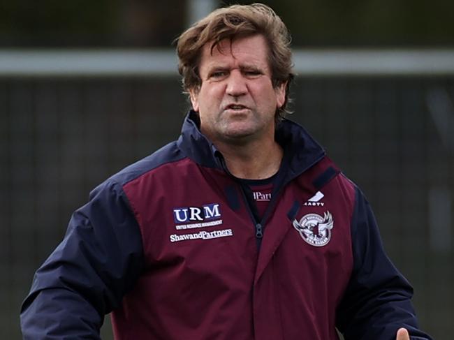 SYDNEY, AUSTRALIA - MAY 13: Sea Eagles head coach Des Hasler watches his team train during a Manly Warringah Sea Eagles NRL training session at the Sydney Academy of Sport on May 13, 2020 in Sydney, Australia. (Photo by Cameron Spencer/Getty Images)