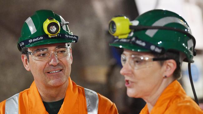 Then-premier Steven Marshall with BHP chief of geoscience Laura Tyler during a tour of the Olympic Dam mine site in Roxby Downs in 2019. Picture: AAP/David Mariuz