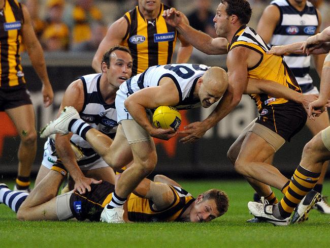 <p>Hawthorn v Geelong at the MCG. Gary Ablett Jr breaks away. Picture: Craig Borrow</p>