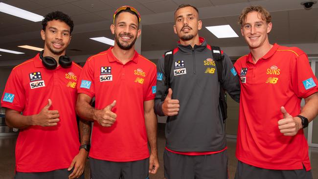 Malcolm Rosas, Ben Long, Joel Jeffrey and Sam Clohesy as the Gold Coast Suns land in Darwin for their AFL double header. Picture: Pema Tamang Pakhrin