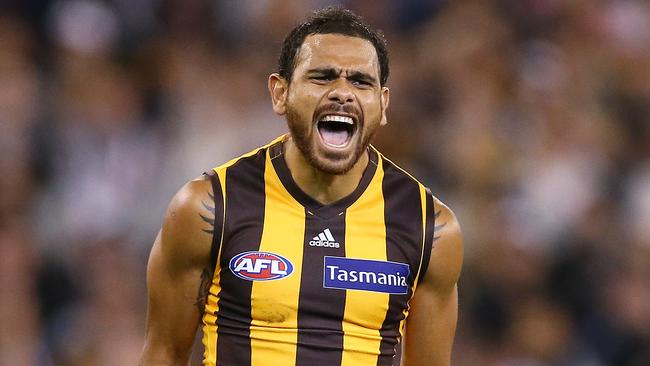 Hawthorn's four-time premiership player Cyril Rioli celebrates a goal. He will line up for the Tiwi Bombers against Palmerston tomorrow. Picture: Michael Klein