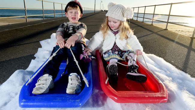 Jude, 4, and Scarlett, 2, are looking forward to this year’s Winter Wonderland at Glenelg. Picture Sam Wundke