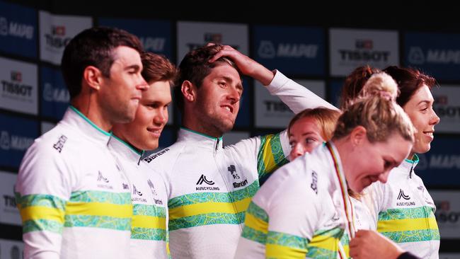 Luke Durbridge celebrates winning the bronze medal with his Australian teammates. Picture: Getty