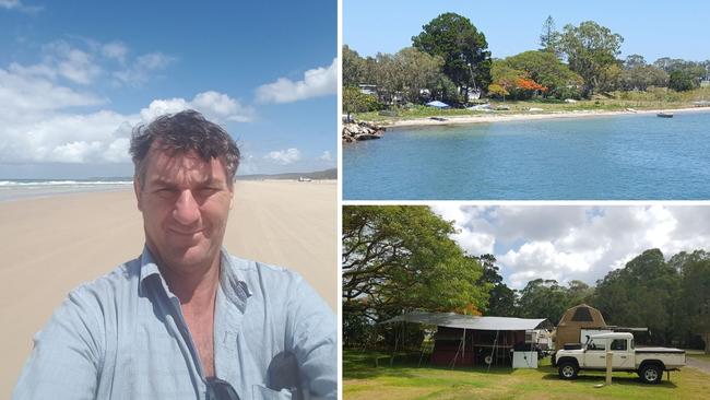 Unhappy camper Michael Pavlic at Main Beach on Straddie; looking back to Adams Beach across Deanbilla Bay; the campsite at Bradbury’s Beach.