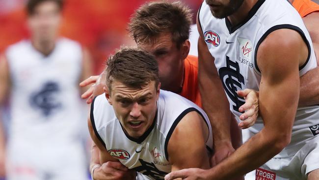 Patrick Cripps felt the close attention of GWS tagger Matt De Boer. Picture: Phil Hillyard.