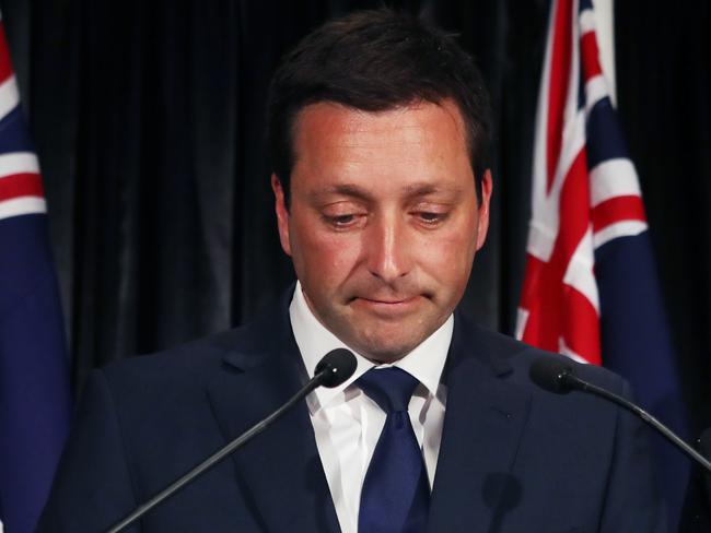 Leader of the Victorian Liberal party Matthew Guy and wife Renae announce defeat in the Victorian state election during the Liberal Party reception on Victorian State election night in Melbourne, Saturday, November 24, 2018. (AAP Image/David Crosling) NO ARCHIVING