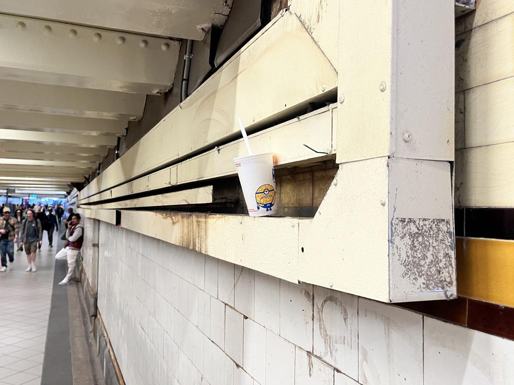 Rain flowing from the tracks above the subway make the area susceptible to rust marks.