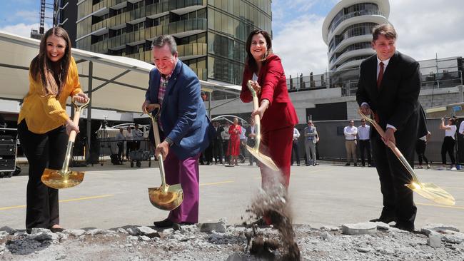 The Star Entertainment Group sod turning ceremony at their new development site at Broadbeach. Gaven MP Meghan Scanlon, Star Chairman John O'Neill, Premier Annastacia Palaszczuk, and Star CEO Matt Bekier, turn the sod. Picture: Glenn Hampson