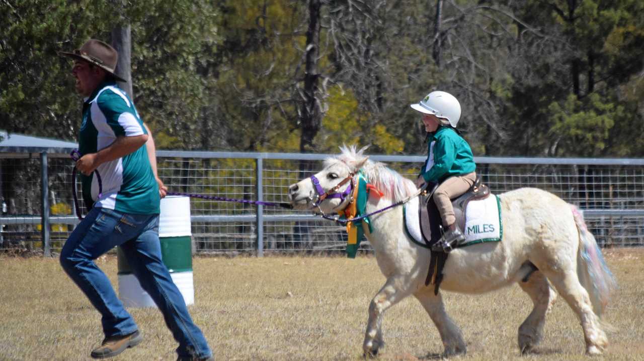 BARRELS OF FUN: Alison Stait competing in the barrel races with her pony Salty at the Miles Horse and Pony Club Gymkhana. Picture: Kate McCormack