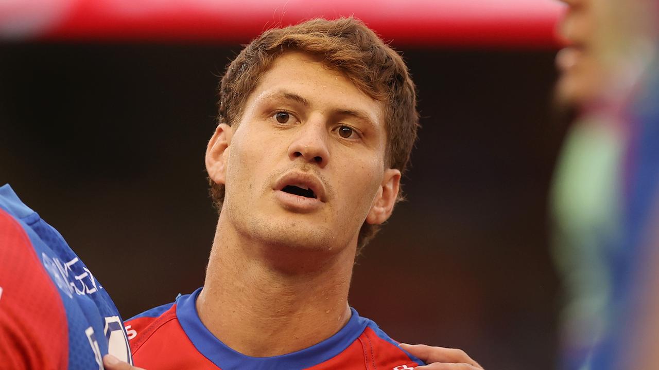 NEWCASTLE, AUSTRALIA - FEBRUARY 21: Kalyn Ponga of the Knights warms up during the NRL Trial match between the Canterbury Bulldogs and the Newcastle Knights at McDonald Jones Stadium on February 21, 2022 in Newcastle, Australia. (Photo by Ashley Feder/Getty Images)