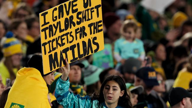 SYDNEY, AUSTRALIA - AUGUST 07: Australian fan holds up a sign during the Women's World Cup round of 16 football match between the Australia Matildas and Denmark at Stadium Australia on August 07, 2023 in Sydney, Australia. (Photo by Damian Briggs/Speed Media/Icon Sportswire via Getty Images)