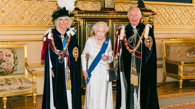 Pomp and ceremony: the Queen with Charles and Camilla. Picture: Twitter