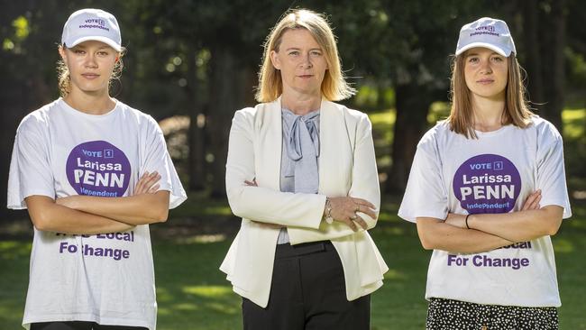 Independent candidate Larissa Penn, pictured with Gabi Tan (L) and Josie Penn (R).