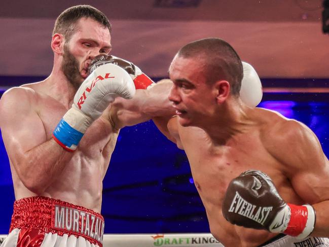 Tim Tszyu lands one on Bakhram Murtazaliev. Picture: Alex Menendez/Getty Images