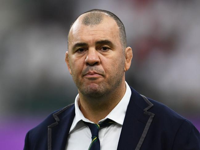 Australia's head coach Michael Cheika looks on before the Japan 2019 Rugby World Cup quarter-final match between England and Australia at the Oita Stadium in Oita on October 19, 2019. (Photo by CHARLY TRIBALLEAU / AFP)