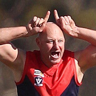 Wycheproof-Narraport coach Wayne Mitrovic celebrates a goal late in the first quarter.