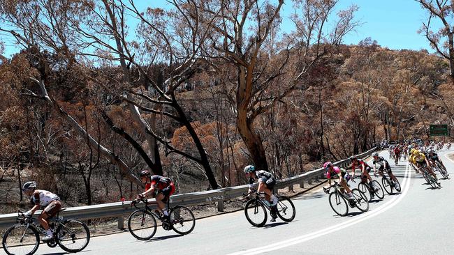 Tour Down Under Stage 3 – Norwood to Paracombe. Rohan Dennis makes his way through fire-destroyed Chain of Ponds in 2015. Picture: Sarah Reed