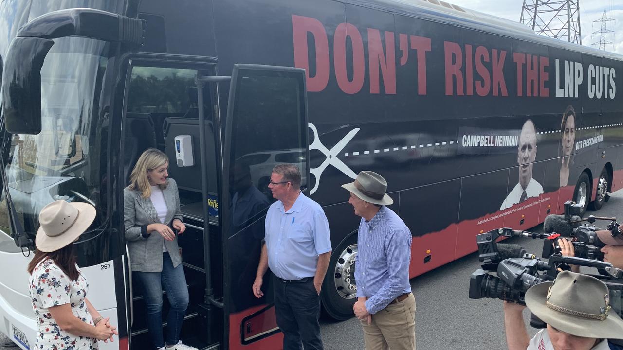 BUS TOUR: Labor's Small Business Minister Shannon Fentiman, Mines Minister Anthony Lynham and candidates for Rockhampton, Barry O'Rourke and Keppel's Brittany Lauga took a ride on the Cuts Bus, warning the LNP could be making cuts to pay for their election promises.