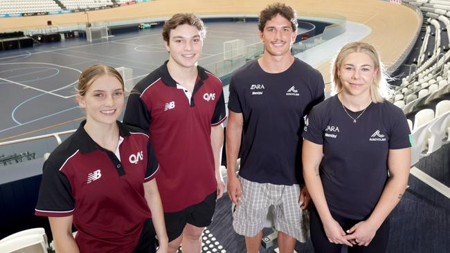 L to R, Teya Rufus BMX racing, Ryan Elliott Track Sprint Cyclist, Jesse Asmus - BMX racing, Molly McGill Track Sprint Cyclist, in the Anna Meares Velodrome, Sleeman Sports Complex - Photo Steve Pohlner